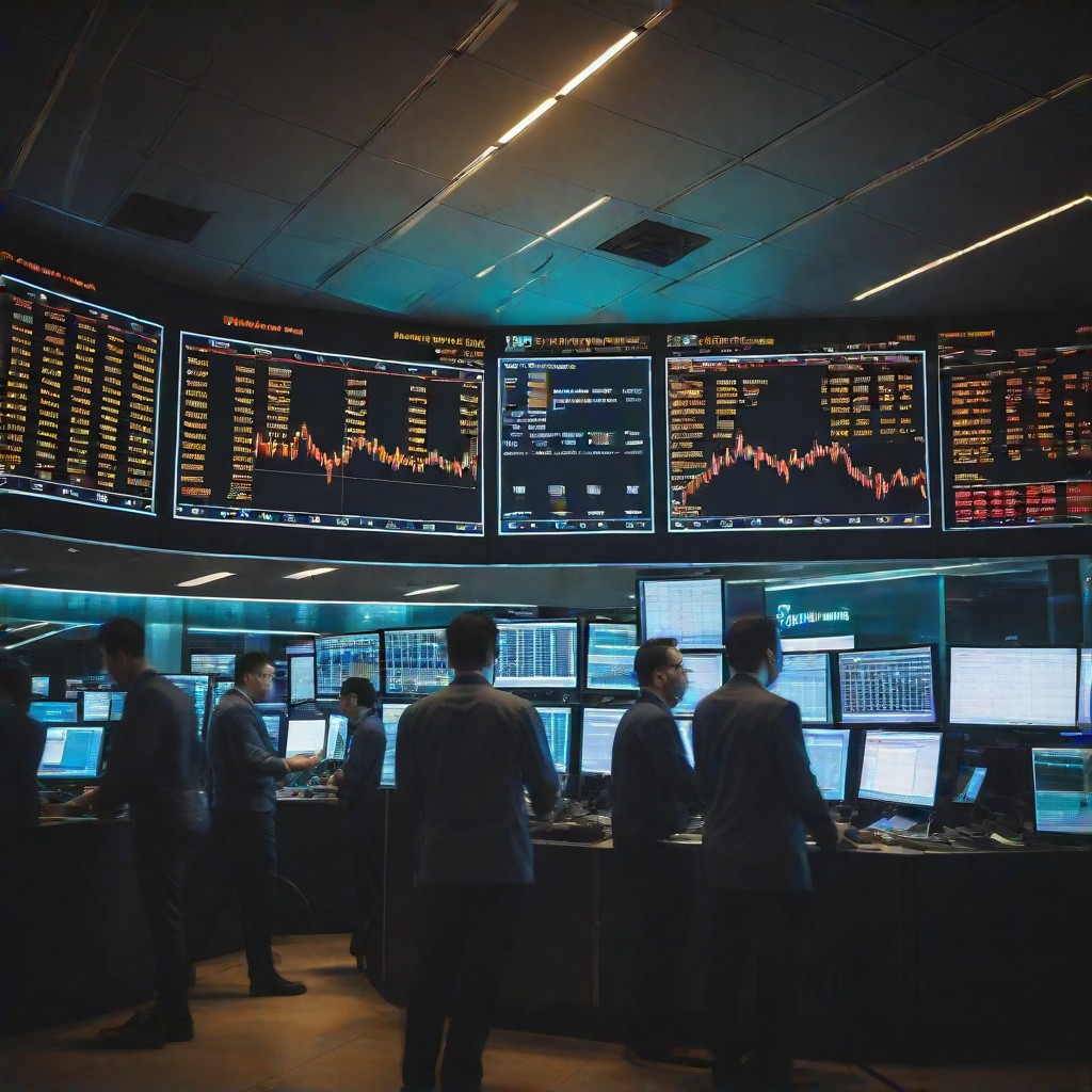 a bustling stock market floor with traders analyzing charts and data, dynamic lighting, vibrant colors, reflecting the energy of the financial market × (stock market) 8