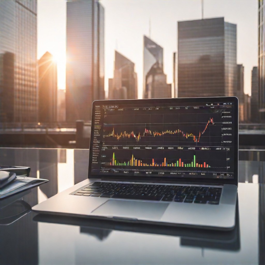 A vibrant stock market scene with rising graphs and charts, reflecting financial growth, set against a modern cityscape at sunrise, creating a hopeful and dynamic atmosphere for beginner investors × (financial stock market) 5