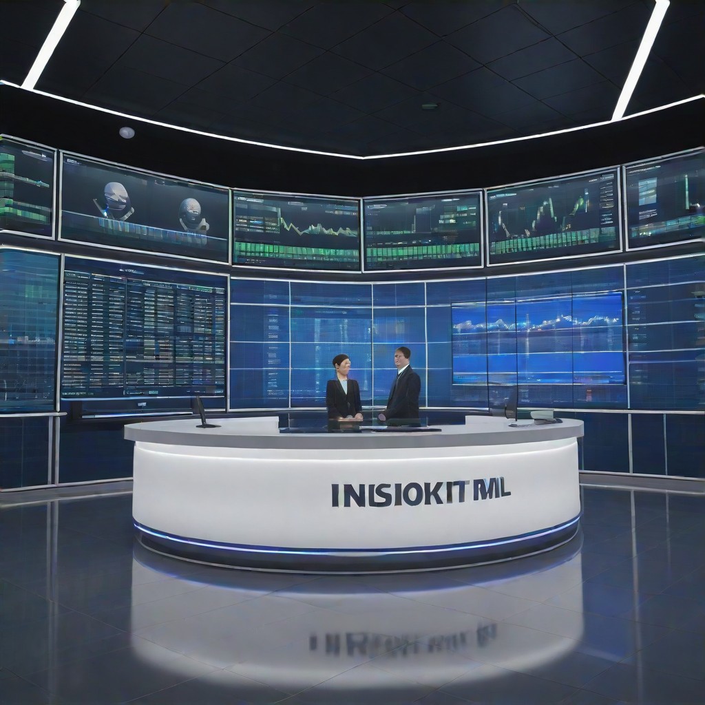 a modern financial news studio with a news anchor reporting on market trends, digital displays showing stock charts and figures, professional and informative atmosphere × (financial news) 8