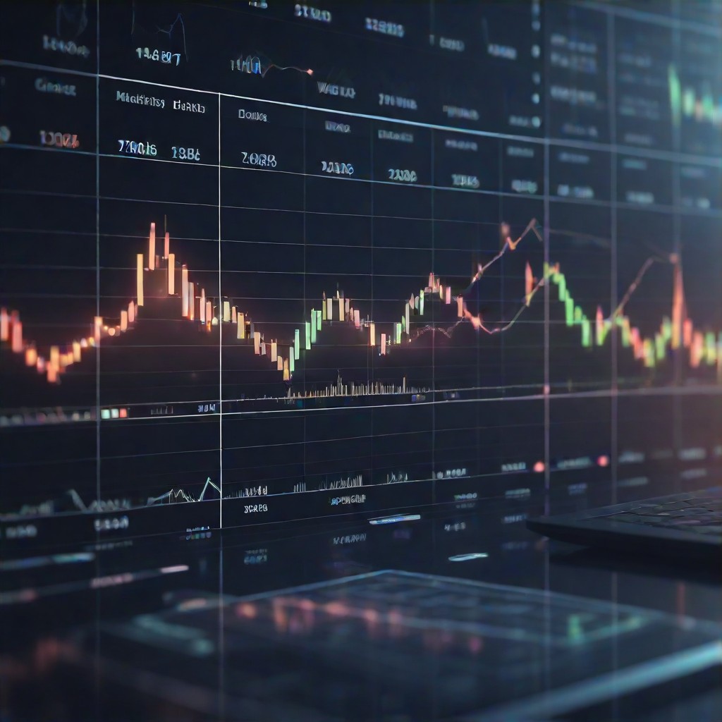 A blurred digital display showing stock market data with upward trending graphs, reflecting general financial activity, warm color palette